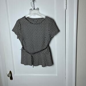 Roz & Ali Women's Black White Diamond Belted Peplum Knit Top Size Medium